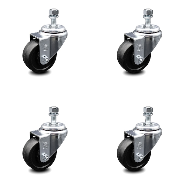3 Inch Soft Rubber Wheel Swivel 12mm Stem Caster Set with Total Lock Brake